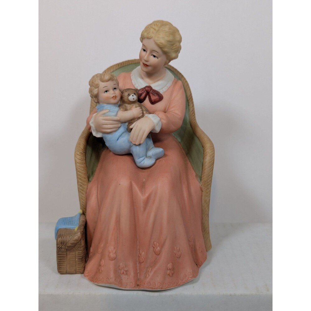 Vintage Homco 8743 Figurine Woman Child Teddy Bear 6"